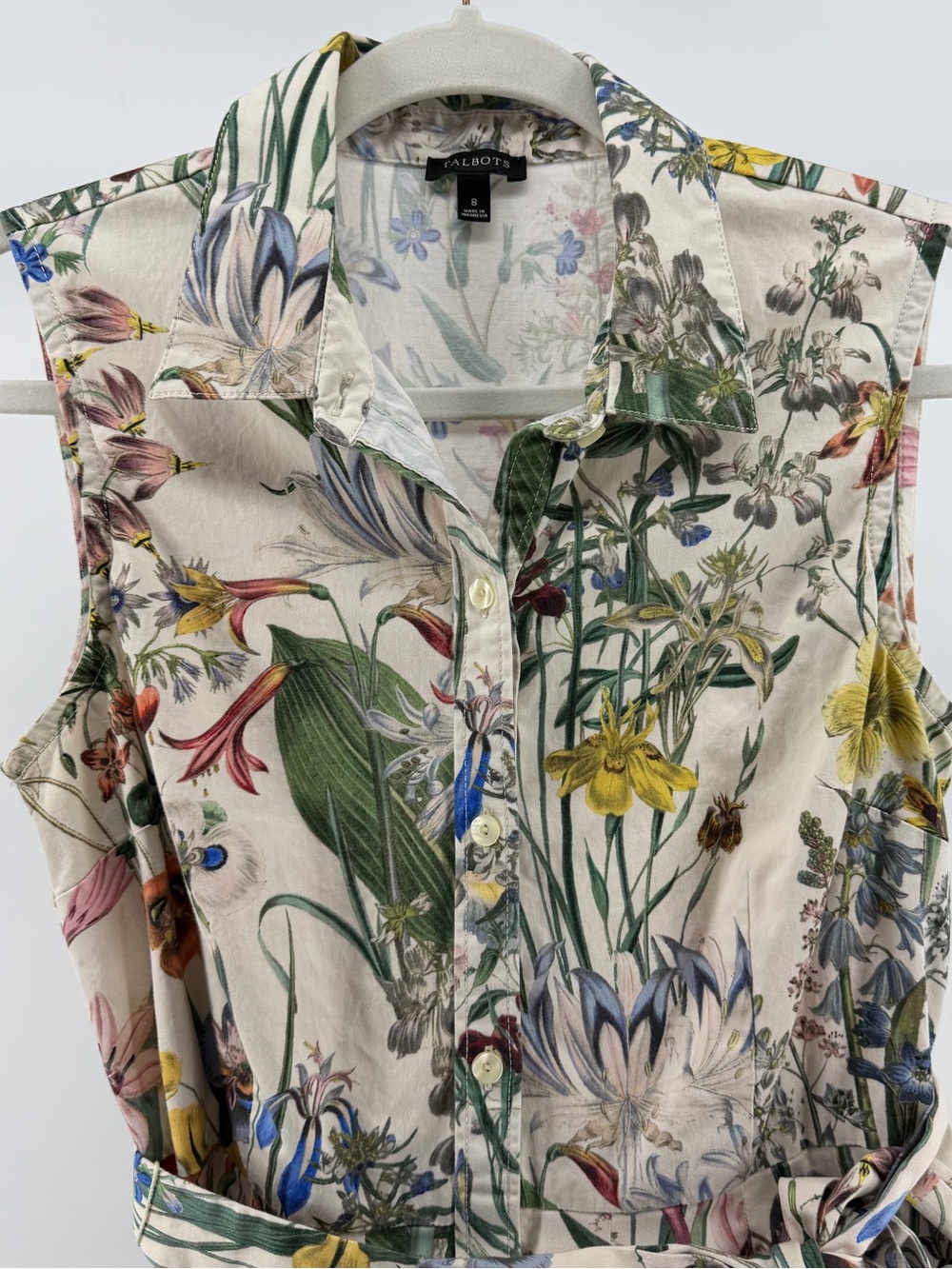 Talbots Cream Floral Midi Sleeveless Tie Waist Cotton Shirt Dress, Women's 8 - Picture 2 of 10